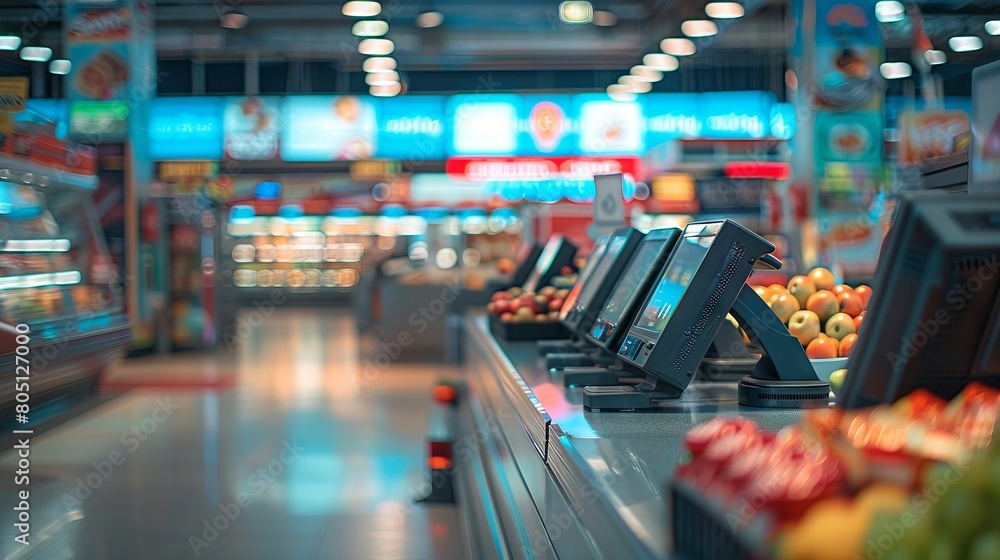 Observing the Calm Emptiness of the Cashier Checkout Desk with Terminal in a Supermarket, Echoing Retail Tranquility Observing the Calm Emptiness of the Cashier Checkout Desk with Terminal in a Supermarket, Echoing Retail Tranquility