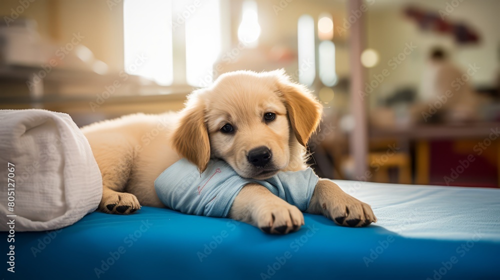 A golden retriever puppy resting in a colorful veterinary clinic, bandage on leg, bright light illuminating the recovery area,