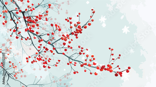 Frozen branches with red berries on winter day. Diffe