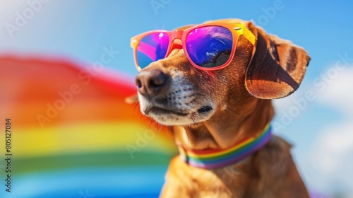 Dachsund dog at a summer pride parade, with rainbow flags and digital sunglasses reflecting futuristic pride, and copy space for additional content. © Sara_P