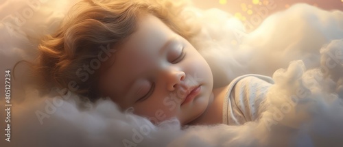 A soft focus image of a newborn sleeping soundly on a cloud, surrounded by a heavenly light and gentle hues, photo