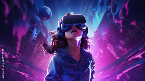 Animated expression of a girl in VR headset, with a dark blue and purple neon-lit background,