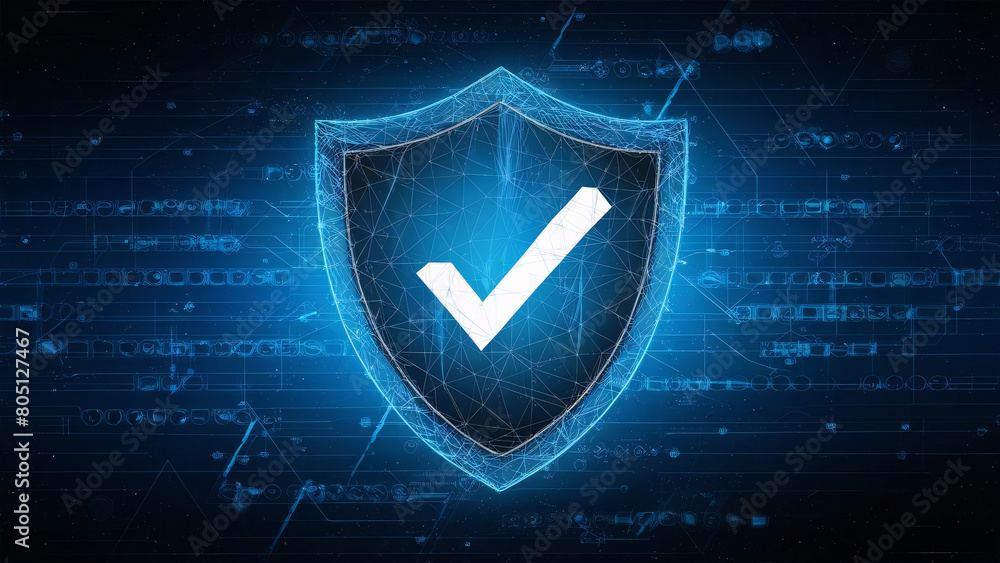 A futuristic, high-tech concept of a dark blue polygonal wireframe shield, advanced security and protection, tecnology design A futuristic, high-tech concept of a dark blue polygonal wireframe shield, advanced security and protection, tecnology design
