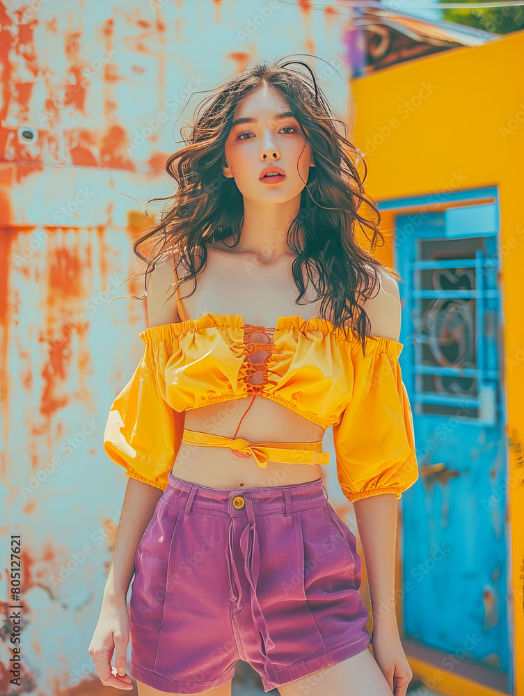 Urban summer fashion - young woman against colorful backdrop