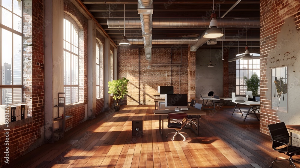 Modern Loft-Style Office Space: Sunlit spacious modern office with exposed brick walls