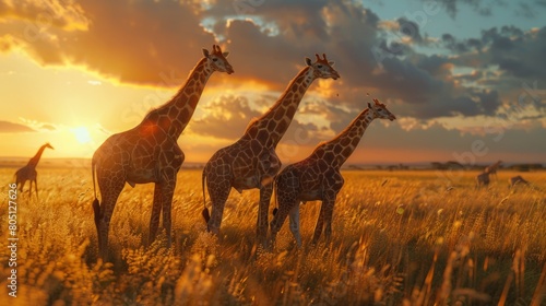 Tranquil Giraffes Gracefully Navigating the Savanna  Their Long Necks Reaching for the Canopy  Creating a Vision of Peace and Harmony