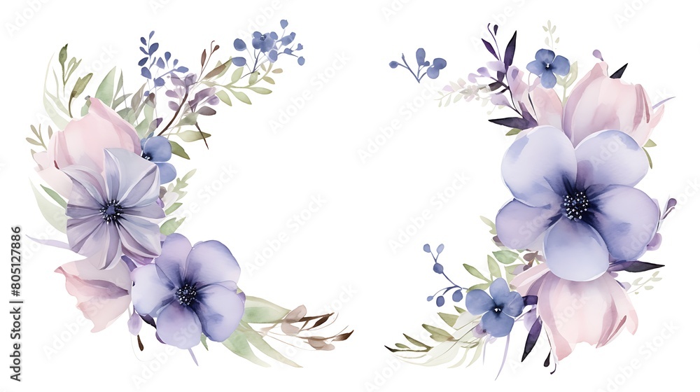 Elegant watercolor floral wreath with delicate flowers and foliage, ideal for wedding invitations and event stationery.