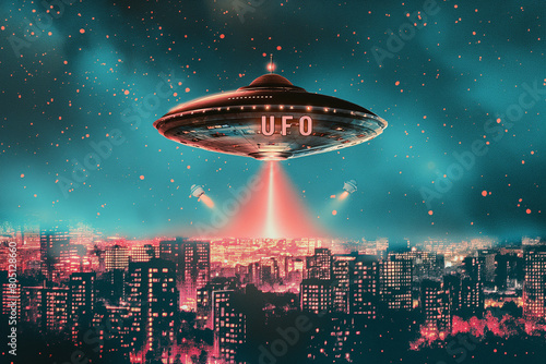 World UFO Day, Unidentified flying object on blue neutral background. photo