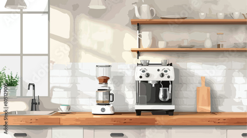 Kitchenware and modern coffee machine on wooden table