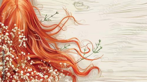 Ginger hair with beautiful gypsophila flowers on ligh photo