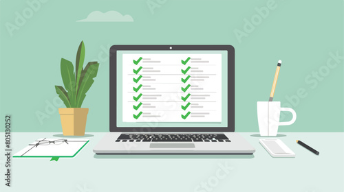 Laptop with a checklist . All green ticks. Vector illustration