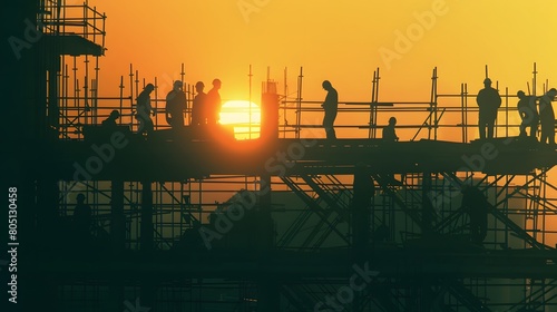 A silhouette of construction workers at a building site