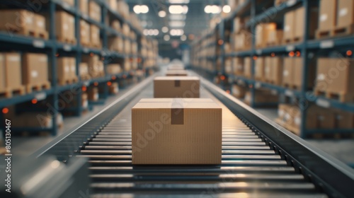 Multiple Cardboard Box Packages Progress Smoothly Along a Conveyor Belt in a Warehouse Fulfillment Center, Delivery Networks, Automation