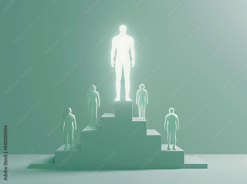 Glowing light man on top of stage leadership success different from the crowd