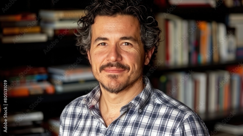 Man Standing in Front of Bookshelf Man Standing in Front of Bookshelf