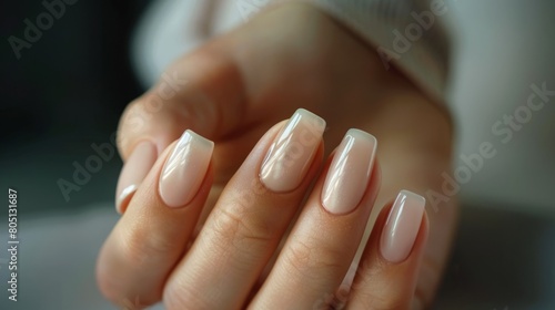 A Close-Up Glimpse of Woman s Hands Showcasing a Stylish Neutral-Colored Manicure  an Expression of Timeless Sophistication