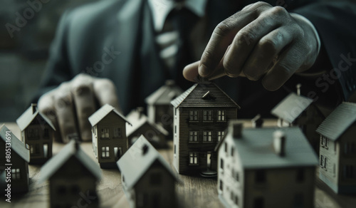 A businessman's hand holding a house model, symbolizing real estate investment and property ownership. AI generative. photo