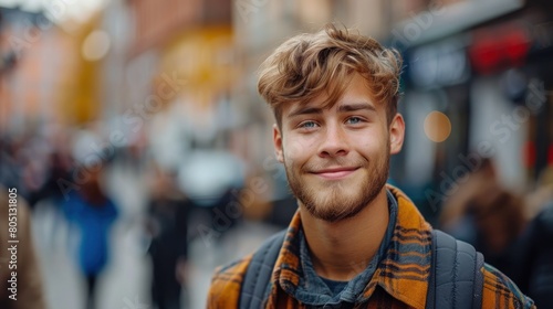 Bearded Man With Backpack Walking in City