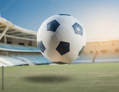 Fußball schwebt in der Mitte des Bildes - Stadion ist im Hintergrund zu sehen - leere Ränge