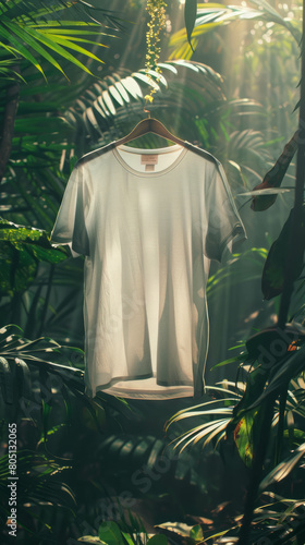 A white shirt contrasts with a green tree under shining light, capturing the essence of nature and fashion. AI generative.