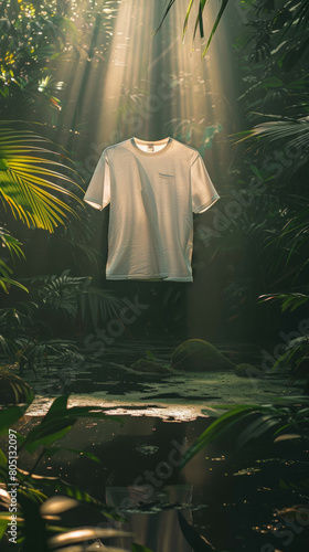 A white shirt contrasts with a green tree under shining light, capturing the essence of nature and fashion. AI generative. photo