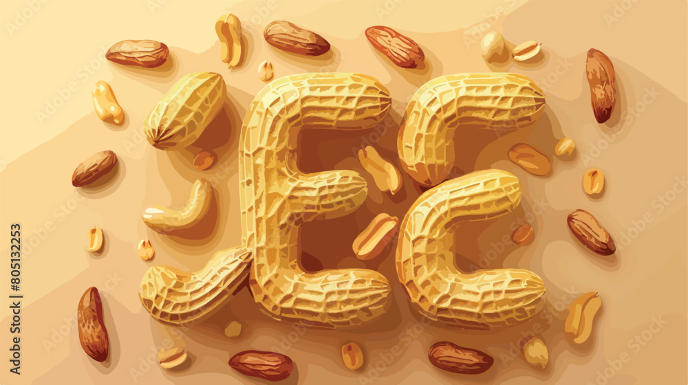 Letter E with healthy peanut nuts on color background
