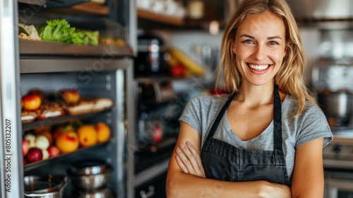 Woman Standing in Front of Food Rack.