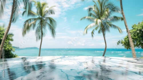 Beautiful marble table top with a blurred beach and palm trees background for product display montage 