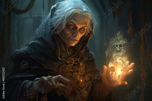 Long-robed Mage old woman fantasy dungeon. Digital magic. Generate Ai photo