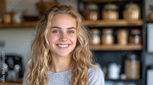 Woman Standing at Counter Smiling