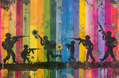 A colorful collage featuring iconic graffiti,  soldiers holding guns and children playing with sunflowers, all set against a backdrop of rainbow stripes, contrast to war © GreenOptix
