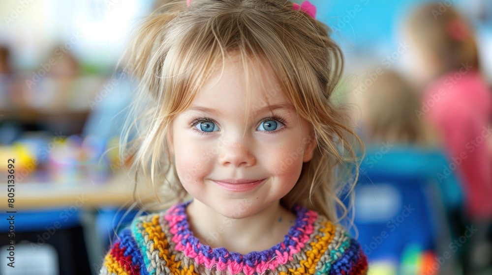 Fototapeta premium Young Girl in Colorful Sweater With Blue Eyes