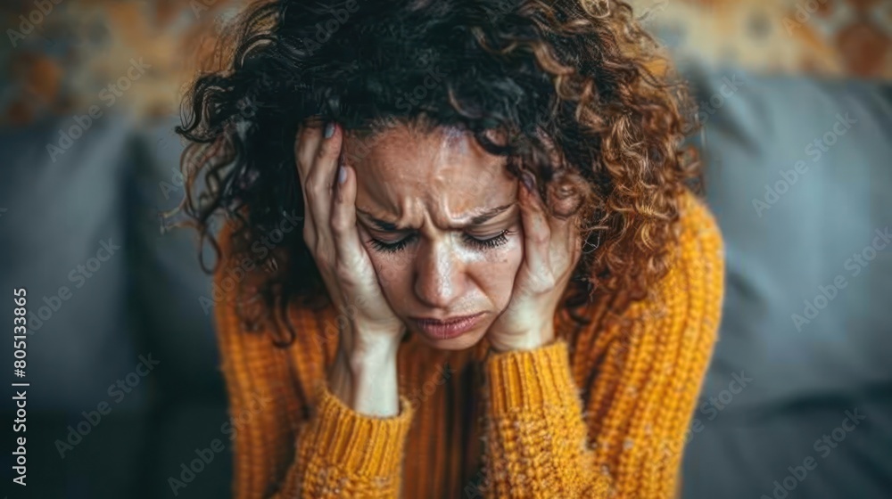 Woman Sitting on Couch Holding Head Woman Sitting on Couch Holding Head