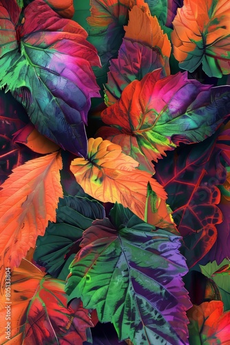 Abstract foliage and botanical background. Exotic plants background for banner  prints  decor  wall art. digital art  variegated trippy glowing textured leaves  vibrant colours