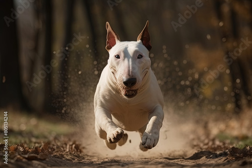 A white dog energetically running amidst a forest abundant with fallen leaves, showcasing a scene of motion and natures beauty