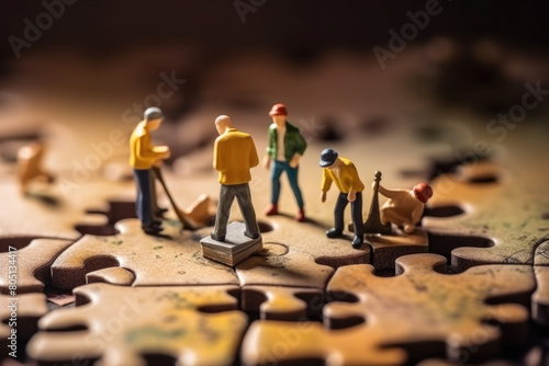 Group of tiny figures standing on a completed puzzle, examining the intricate details