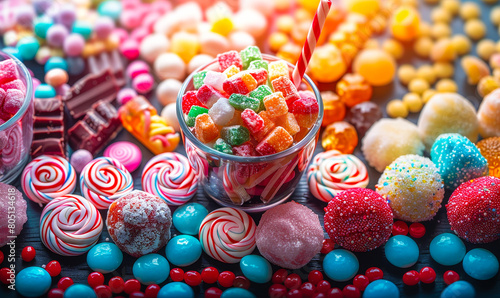 Vibrant rainbow macarons, meringues, marshmallows - festive sweet treats assortment, colorful dessert variety for celebrations
