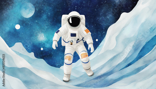 illustrazione di astronauta nella tuta spaziale che camina sulla superficie di un pianeta ghiacciato photo