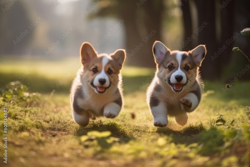 Two young corgi puppies joyfully running across a lush green grass field