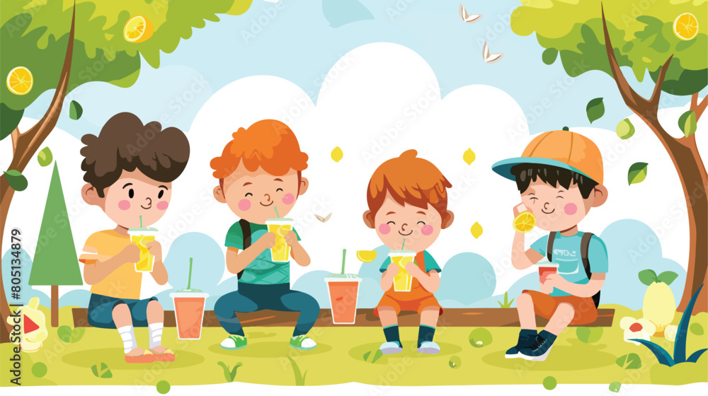 Little boy with friends drinking natural lemonade 