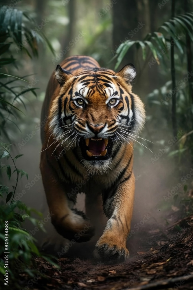 A tiger sprints through the dense jungle, its powerful muscles propelling it forward as its jaws open wide in a fierce roar A tiger sprints through the dense jungle, its powerful muscles propelling it forward as its jaws open wide in a fierce roar