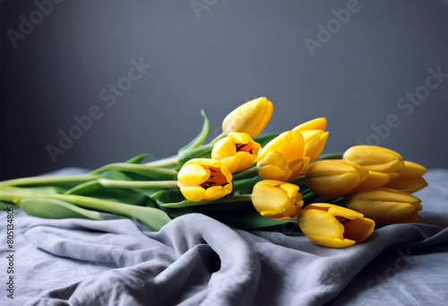 'Yellow tablecloth tulips grey Background Flower Nature Easter Spring Love Concept Leaf Gift White Floral Garden Green Color Celebration Plant Holiday Colorful Natural DecorationBackground Flower' photo