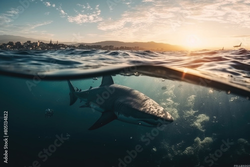 A shark gracefully swims through the ocean as the sun sets, casting a warm glow on the water