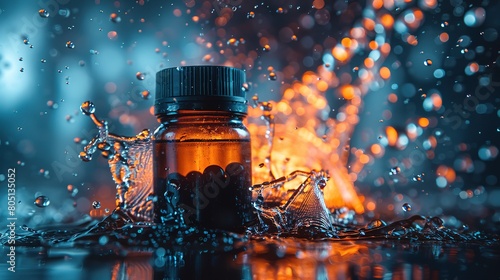 A striking image capturing a dramatic water splash around a medicine bottle, illuminated by a dynamic blue and orange light, creating a moody and intense atmosphere. photo
