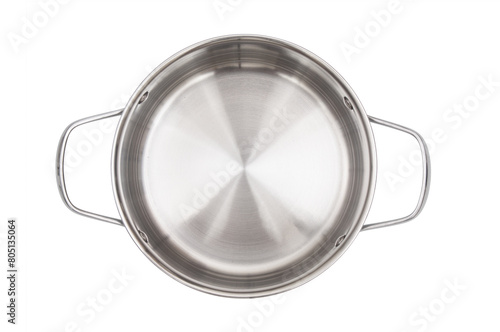 View above on empty stainless saucepan isolated on white background