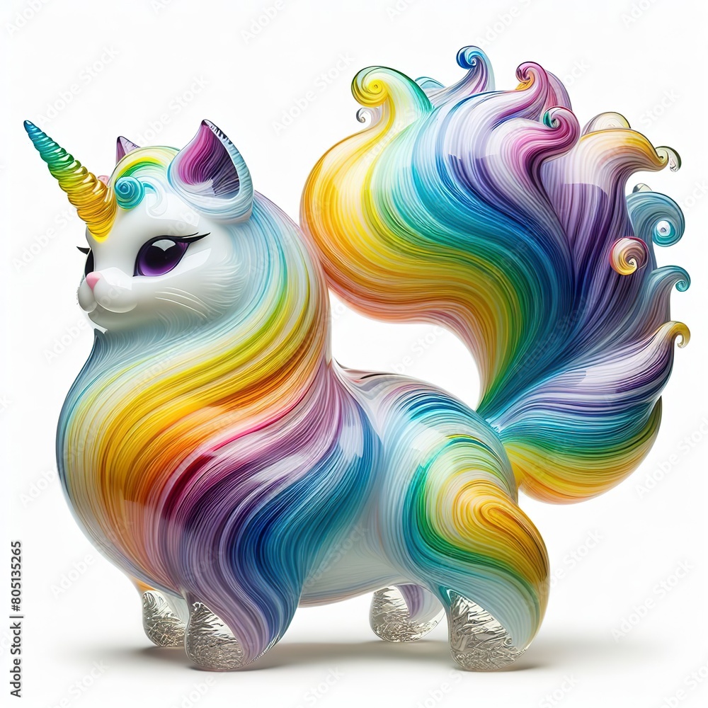 A stunning blown glass sculpture of a playful, cute caticorn with seamlessly blended rainbow colors, white background