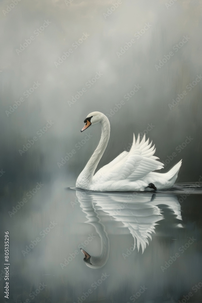 Fototapeta premium A white swan gracefully floats atop the calm body of water