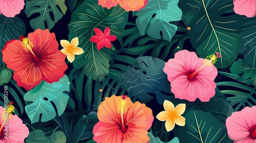 Seamless background with flowers. Hisbiscus flowers and green foliage create a seamless pattern background. Trendy Summer bright tropical floral pattern.