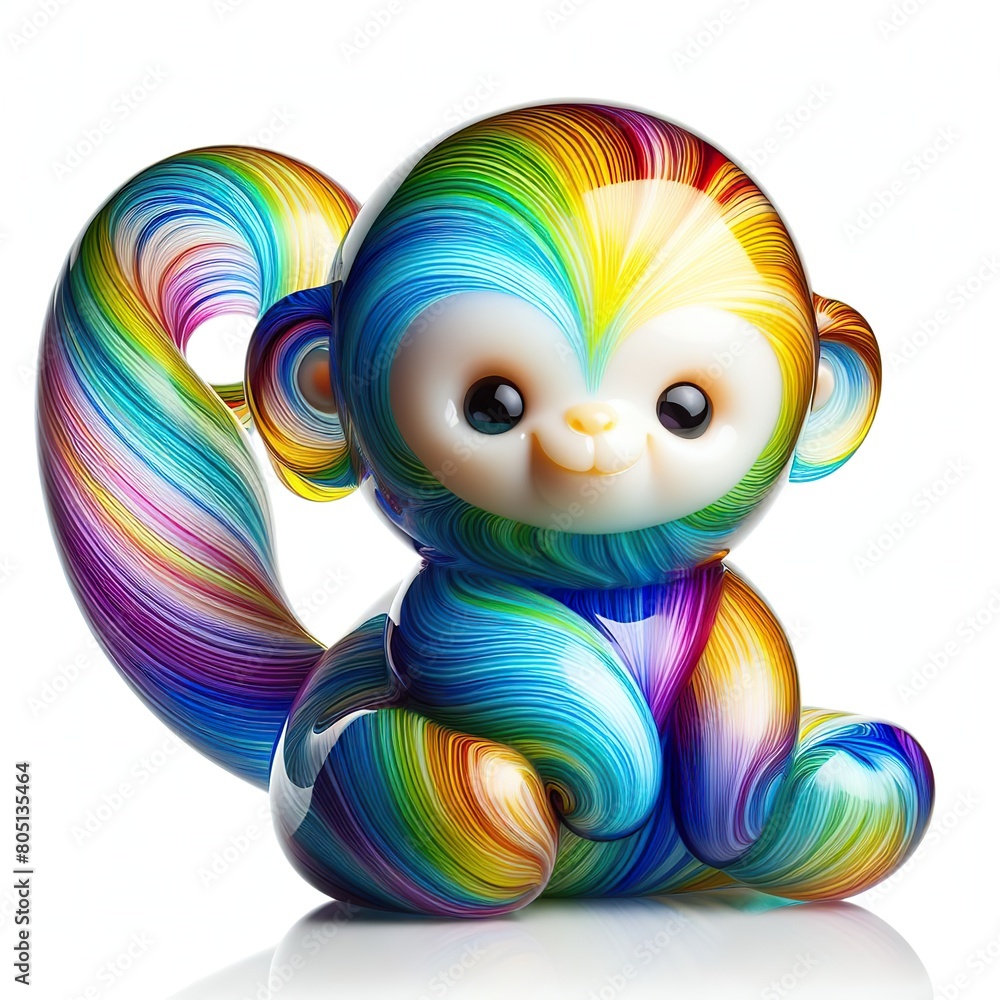 Fototapeta premium A stunning blown glass sculpture of a playful, cute Monkey with seamlessly blended rainbow colors, white background