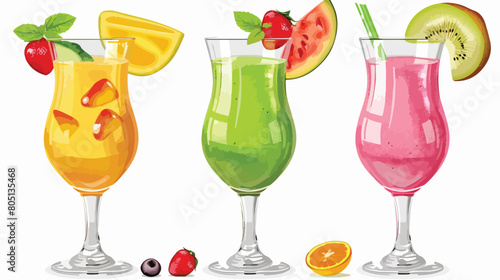 Glassware of tasty smoothies on white background with